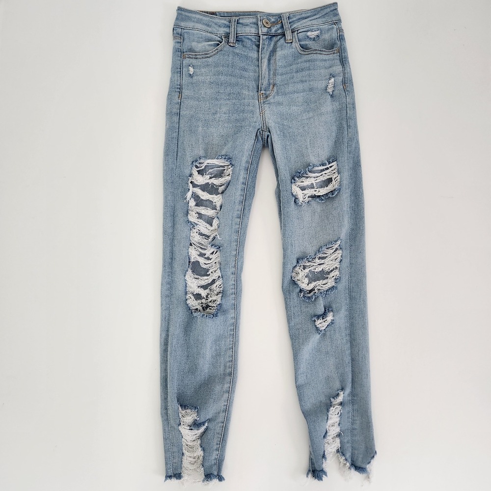 American Eagle Hi-Rise Jegging Crop Light Wash Distressed Jeans Womens Size 0